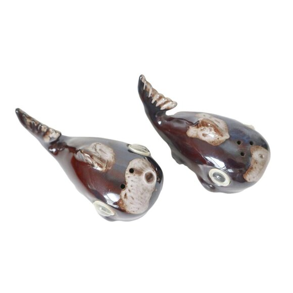 Vintage Whale Salt & Pepper Shakers Made of Redware Pottery Googly Eyes Japan - Picture 3 of 4